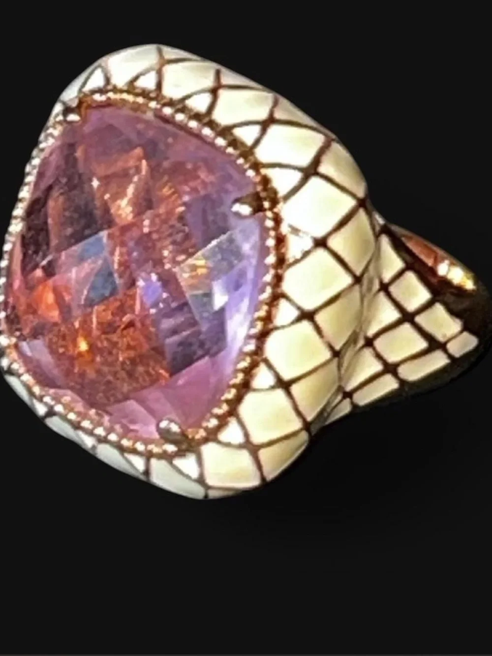 Pink Cushion-Cut Glass Cream Colored Enamel Gold Tone Ring size 8